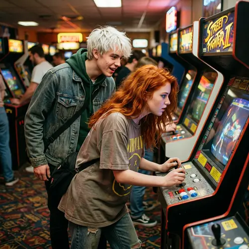Engrossed Red-Haired Girl & White-Haired Boy Retro Arcade Gaming