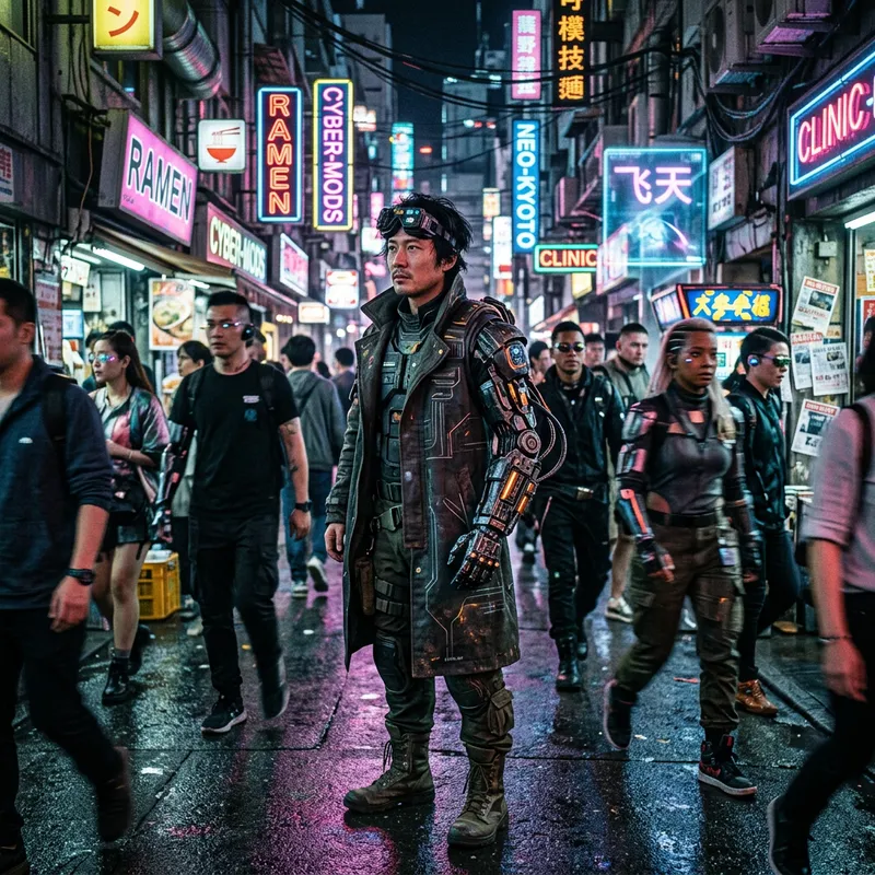 Asian Cyberpunk Man with Mechanical Prosthetic Arm in Neon City