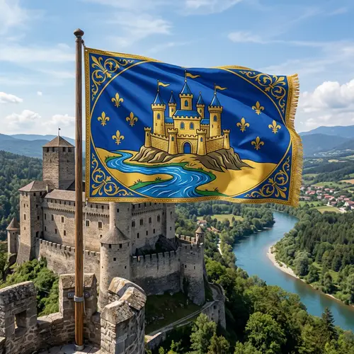 Blue and Gold Flag with Castle and River