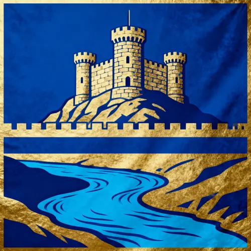 Blue and Gold Flag with Castle and River