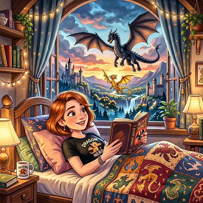 Enchanting 3D Woman Reading 'Blood Wings' Book on Bed in Vibrant Disney Style