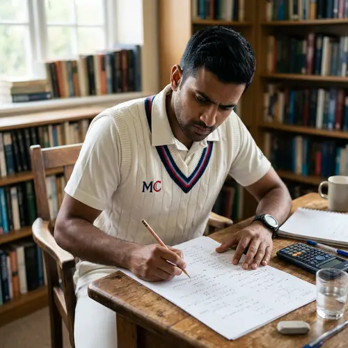 Athletic Man in Cricket Uniform Solving Math Problem