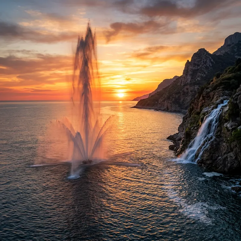 Tranquil Sunset Fountain by the Sea with Waterfall View