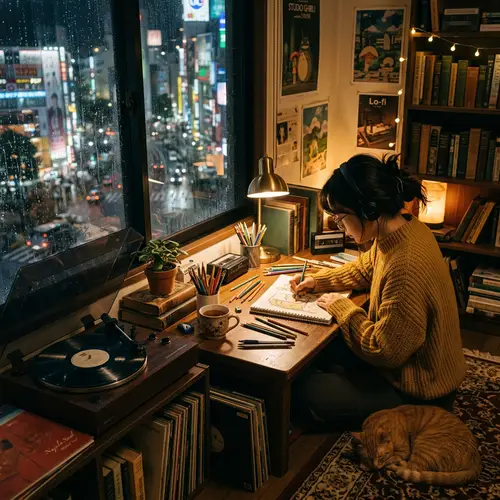 Cozy Lofi Music Vibes: Vintage Room with Rainy Cityscape
