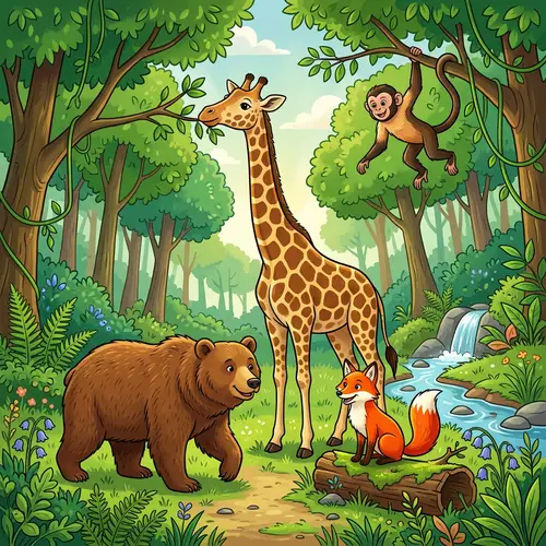 Serene Forest Wildlife Diversity - Bear, Giraffe, Fox, Monkey