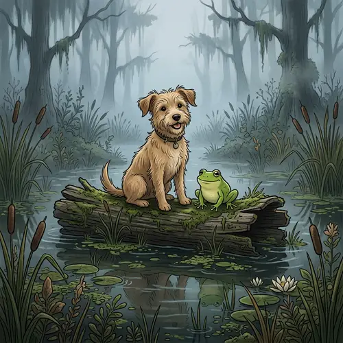 Misty Marshland with Dog and Frog | Mysterious Bog Scene