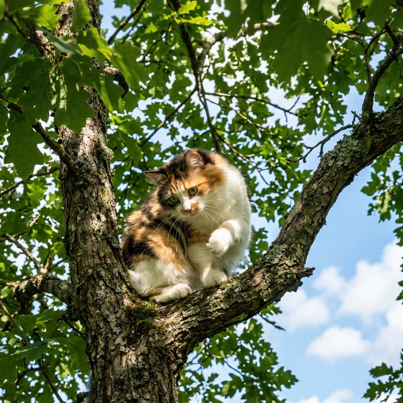 Cute Cat Sitting in Tree | Adorable green-eyed Calico