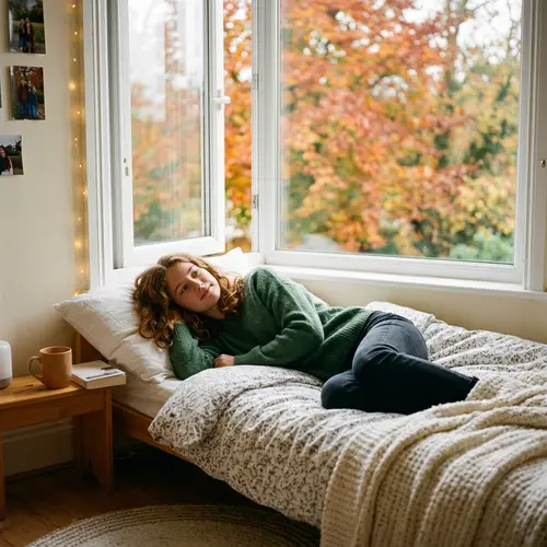 15-Year-Old European Girl Relaxing on Bed with Autumn View
