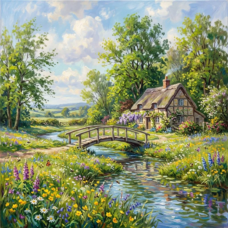 Springtime Impressionism - Tranquil Landscape with Lush Trees & Wildflowers