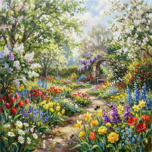 Blooming Flowers & Spring Garden Scene | Impressionist Art