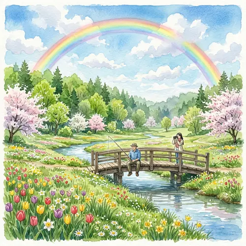 Spring Watercolor Landscape with Rainbow, River, and Bridge