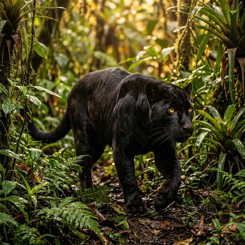 Majestic Black Panther Prowling in Tropical Rainforest
