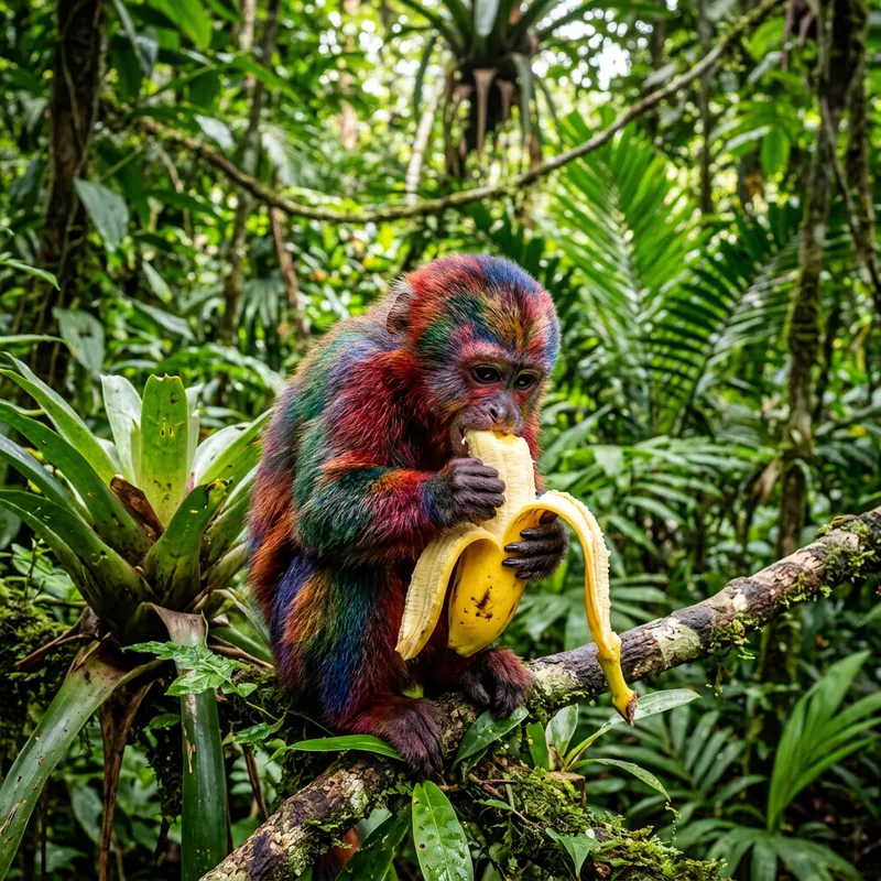 Colorful Monkey Eating Banana in Tropical Rainforest Colorful Monkey Eating Banana in Tropical Rainforest