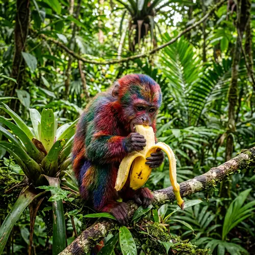 Colorful Monkey Enjoying Ripe Banana in Tropical Rainforest