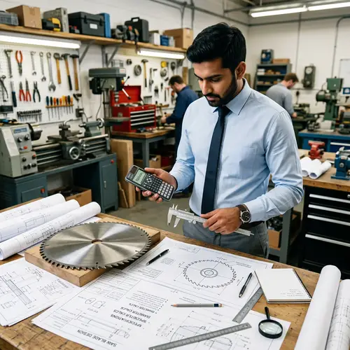 Male Engineer Calculating Saw Diameter | Drafting Desk Scene