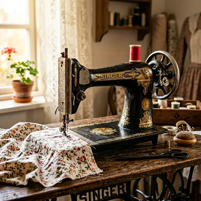 Vintage Sewing Machine on Wooden Table