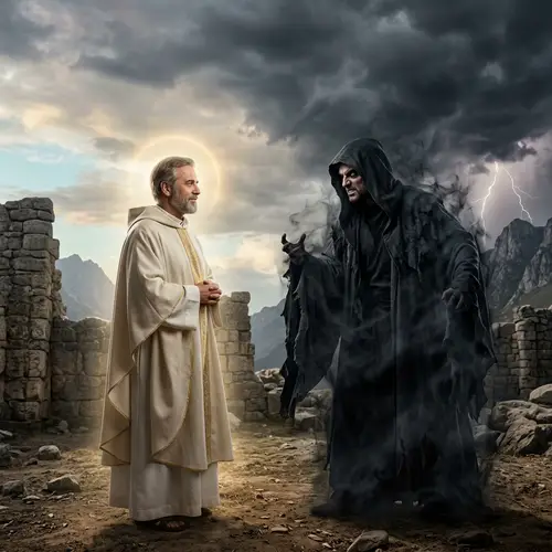Religious Figure Facing Antagonist - Good vs Evil Battle Scene