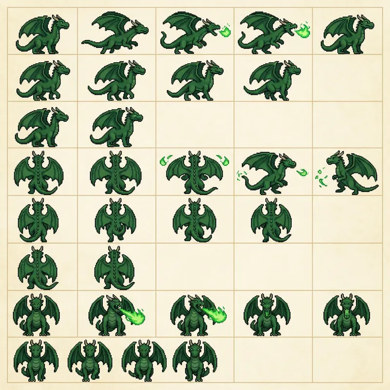 Detailed Pixel Art Sprite Sheet for Young Green Dragon Character