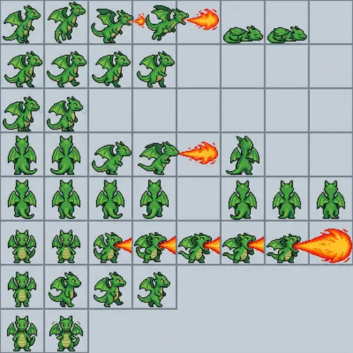 Pixel Art Sprite Sheet for Green Tiny Dragon - RPG Character Design