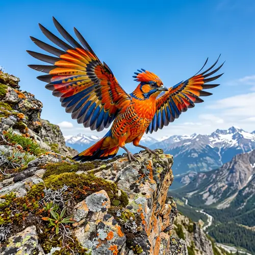 Vibrant Rock Bird: Exquisite Plumage on Rocky Cliff