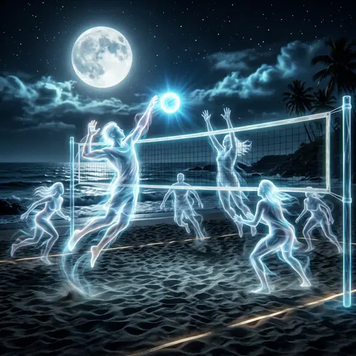 Ethereal Ghosts Volleyball Team Play on Moonlit Beach