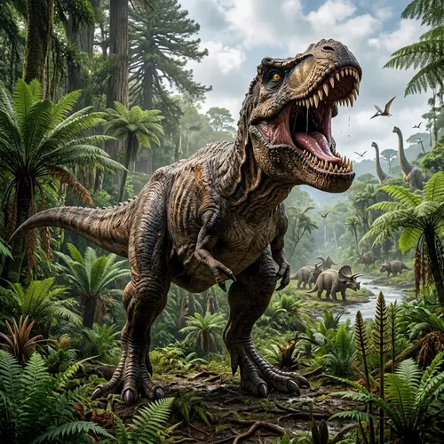 Epic T-Rex Roaring in a Prehistoric Jungle
