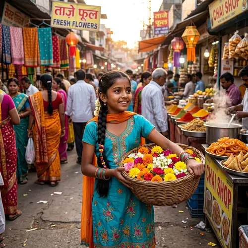 Young South Asian Girl Selling Fresh Flowers at Vibrant Indian Market