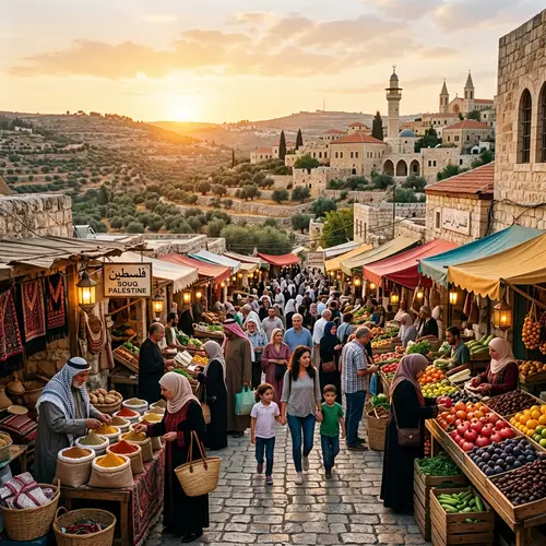 Historic Palestine Landscape with Olive Trees | Market Stalls at Twilight