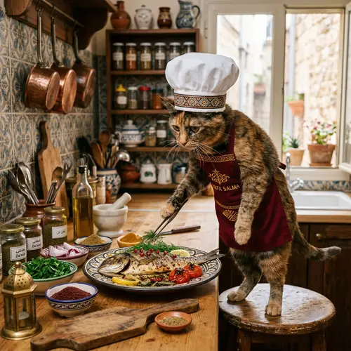 Middle-Eastern Female Cat Chef Cooking Fish Meal