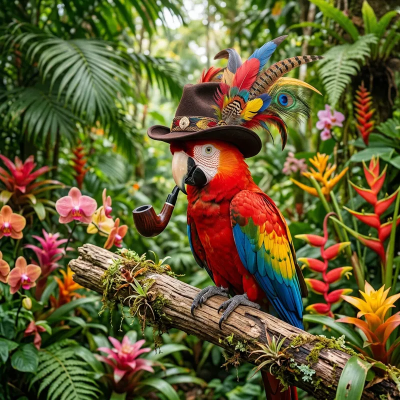 Colorful Parrot with Unique Feathers and Hat Perched on Branch Colorful Parrot with Unique Feathers and Hat Perched on Branch