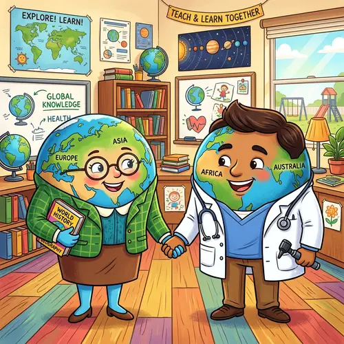 Cartoon Image: Earth Teacher & Medical Student Holding Hands