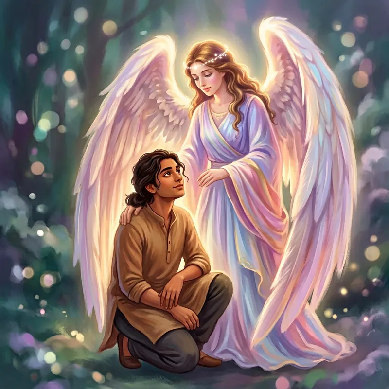 Serene Angel Under Protective Wings: Dreamlike Fantasy Painting