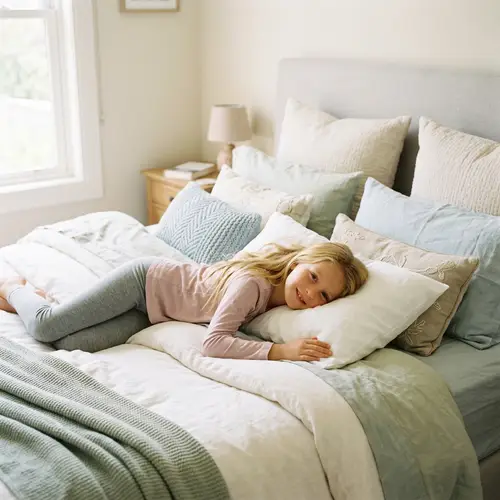 Tranquil Blonde Girl on King-sized Bed with Plush Pillows