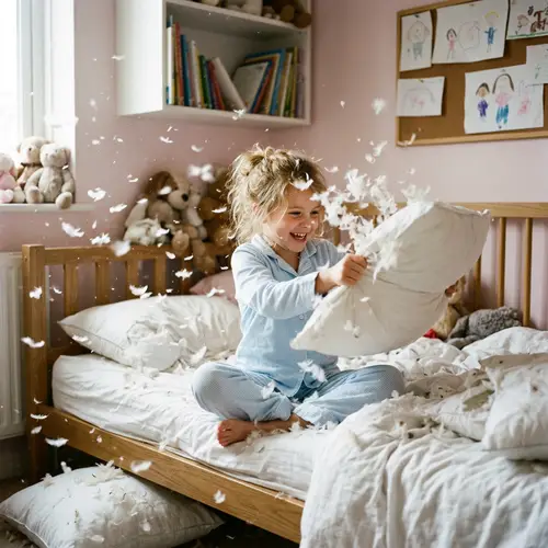 Playful Feather Pillow Fight - Fun and Energetic Scene