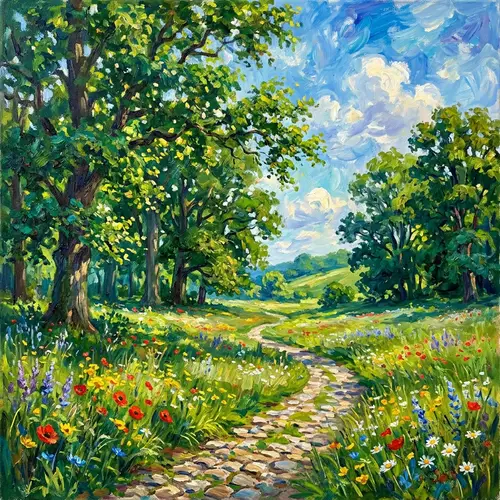 Impressionist-Style Landscape Painting with Lush Green Meadow