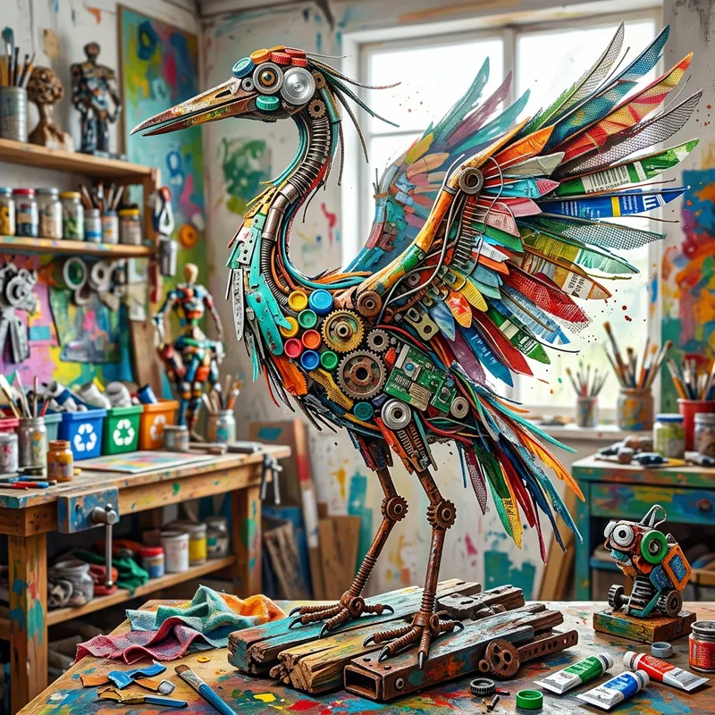 Vibrant Mixed Media Crane Art from Recycled Materials