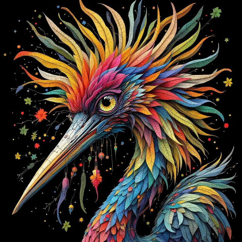 Vibrant Crane Art from Recycled Materials Vibrant Crane Art from Recycled Materials