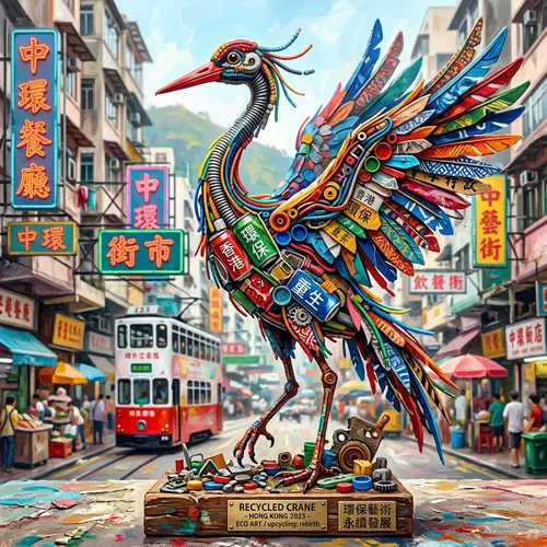 Vibrant Crane Art from Recycled Materials