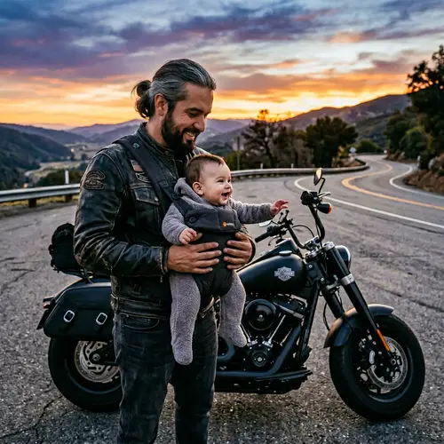 Hispanic Motorcyclist with Baby: Heartwarming Sunset Scene