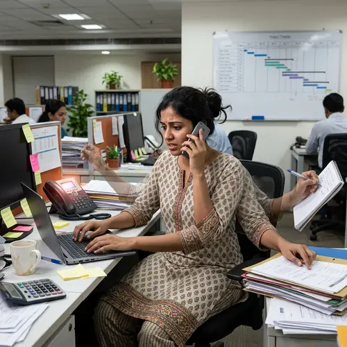 Multitasking South Asian Businesswoman Struggling with Many Tasks