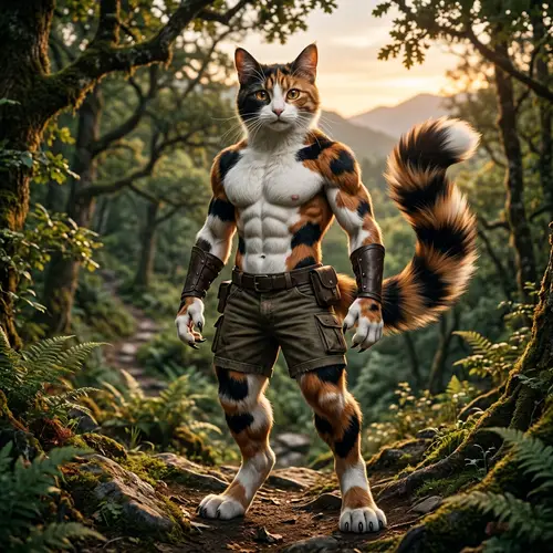 Muscular Humanoid Calico Cat: Majestic Strength & Elegance