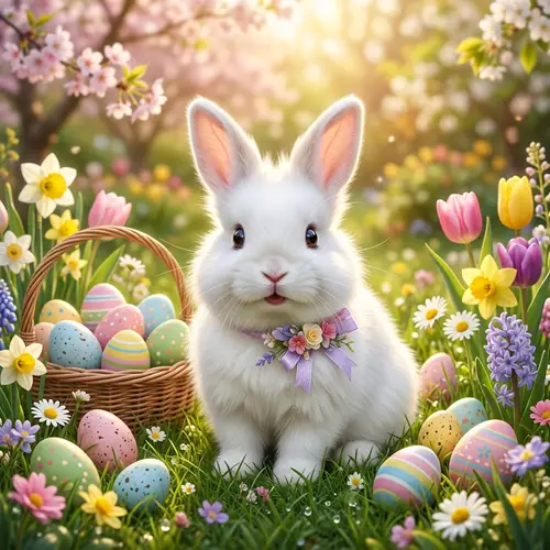 Easter Bunny: Charming White Bunny with Eggs & Flowers
