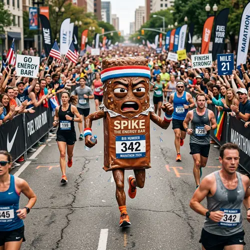 Cheerful Energy Bar Running a Marathon