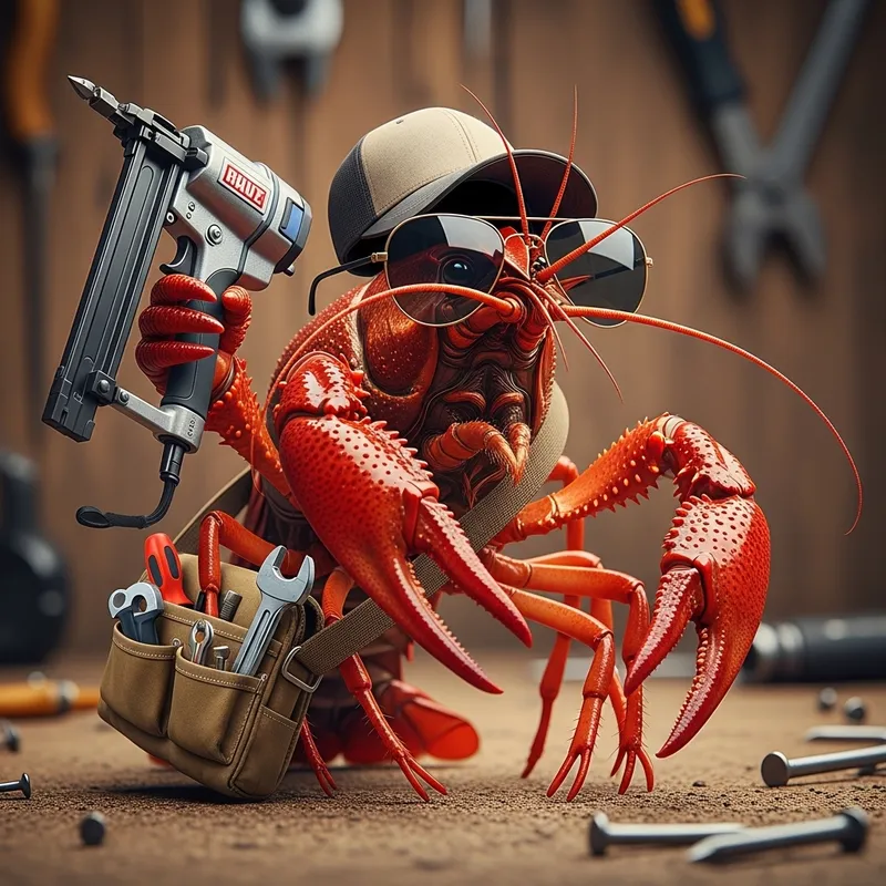Crawfish with Tool Bag and Nail Gun