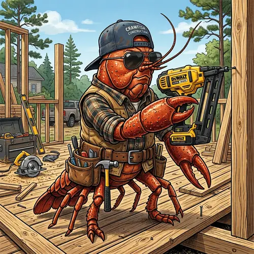 Crawfish with Tool Bag and Nail Gun