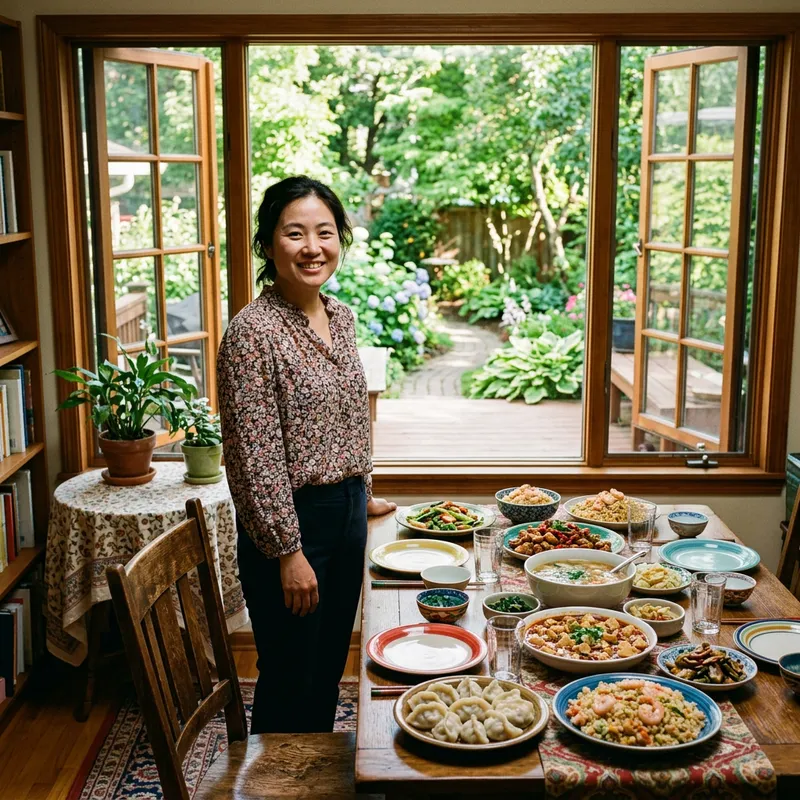 Asian Lady Enjoying Meal by Window with Garden View