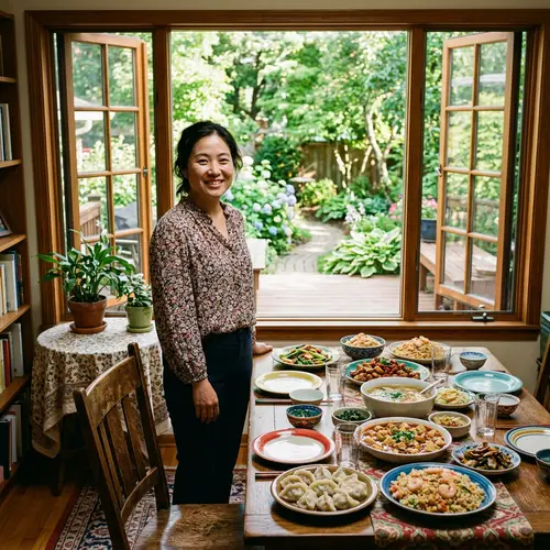 Asian Woman at Dining Table with Backyard View