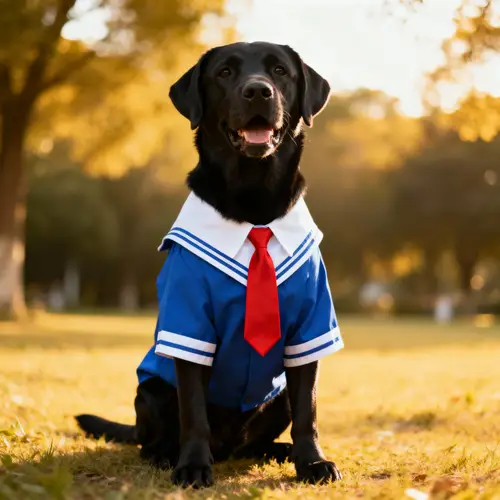 Black Labrador Dog in Student Uniform
