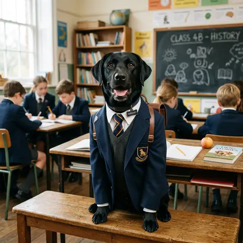 Black Labrador Dog in Student Uniform