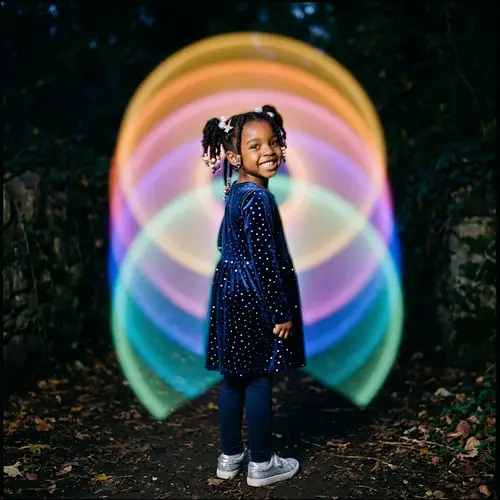 Smiling Little Girl with Colorful Halos in the Dark